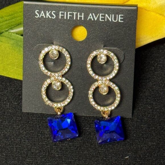Saks Fifth Avenue Gold and Sapphire Blue Crystal Earrings 2 inch - Picture 1 of 6
